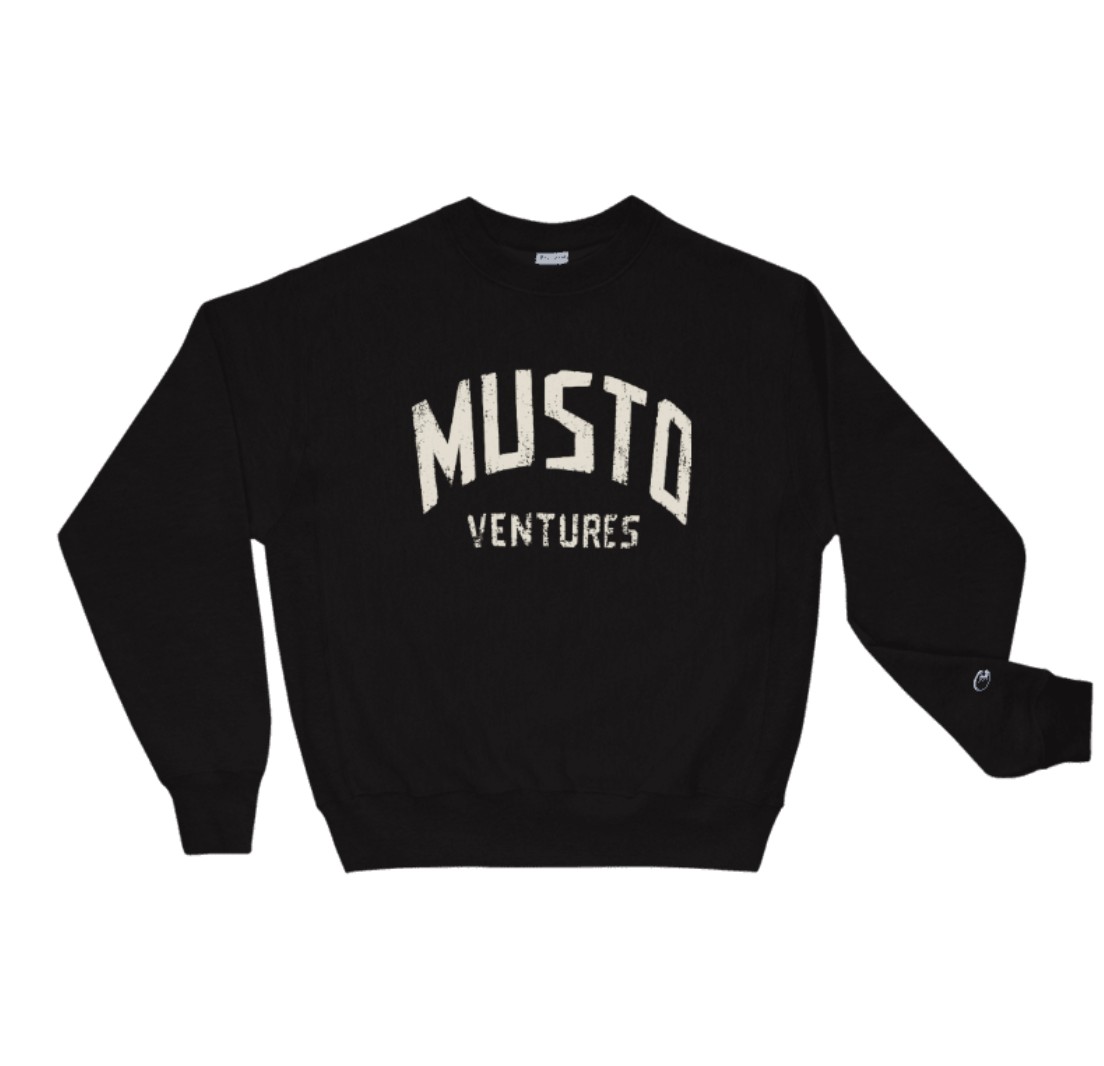 Black Champion Reverse Weave crewneck with a distressed MUSTO VENTURES varsity print, laid flat